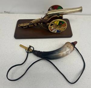 lot 2 image: Group Including Brass Plated Musical Cannon And Buffalo Horn Powder Horn