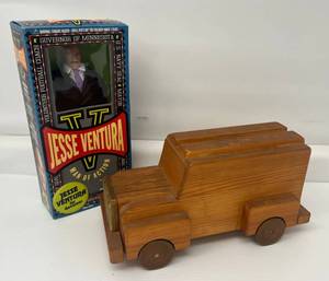 lot 7 image: Vintage Hade Made Wooden Truck Ands Jesse Ventura Doll