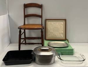 lot 41 image: Group Including Vintage Christmas Needle Point, Old Chair With Woven Cane Top And More