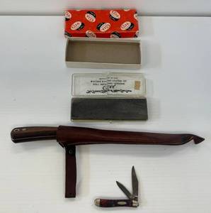 lot 65 image: Group Including Brave Man Filleter, Case Pocket Knife And Case Sharpening Stone In Original Box
