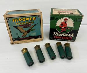 lot 66 image: Group Including Vintage Hi-Power Rifled Slugs Ammo Box (Half Full) And Vintage Monark Trap Shells Ammo Box (Empty)