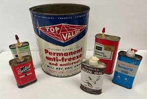 lot 69 image: Vintage Advertisment Tins Including Oil Cans (Some Are Full)