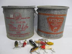 lot 80 image: 2 Vintage Galvanized Minnow Buckets & Fishing Lures