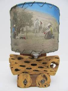lot 88 image: Neat Old Small 1950s era Driftwood Stagecoach Lamp wCowboy Shade