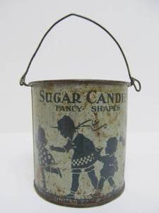 lot 92 image: Antique 1920s SUGAR CANDY Metal Advertising Pail