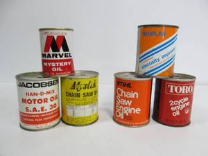 lot 132 image: Group of Smaller Vintage Advertising Oil etc Metal Cans