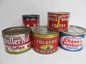 lot 134 image: Lot of 5 vintage Advertising Coffee Cans