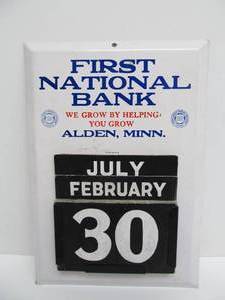 lot 112 image: Vintage 1950s era Enameled Metal Advertising Calendar Sign - First National Bank Alden, Minn