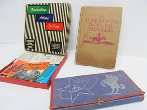 lot 122 image: Vintage LONE RANGER Pencil Box w Book & NOS Pencil Set