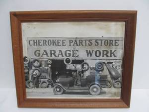 lot 165 image: Large Old Framed Photo Cherokee Parts Store Auto Shop