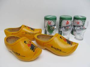 lot 179 image: Group of HEINEKEN Beer Advertising Wooden Shoes & Glasses