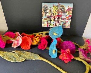 lot 76 image: Colorful Original Painting and Two Strands of Colorful Fabric Flowers