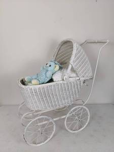 lot 59 image: Antique Metal Stroller with Wicker Basket