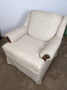 lot 49 image: Vintage Wood Framed Arm Chair with Cream Colored Upholstery