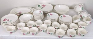 lot 34 image: Large Dishware Collection, White Dishes with Pink Rose Pattern (Approx. 90 Pieces)