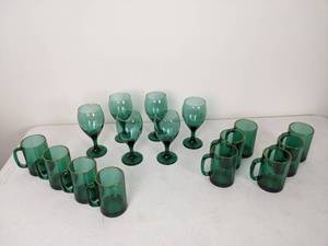 lot 121 image: Beautiful Vintage Set of (6) Green Goblets and (10) Green Glass Mugs