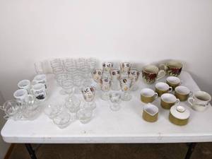 lot 129 image: Collection of Vintage Glassware, Teacup Sets, Mugs, Serving Dishes, Mikasa Mediterranean Tea Set (Avocado), Anchor Hocking Punchbowl Cups, Libbey Golden Foliage, Mount Vernon Mugs, and more