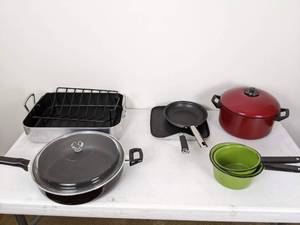 lot 145 image: Dutch Oven, Skillets, Pots, Roasting Pan with Rack, Square Griddle