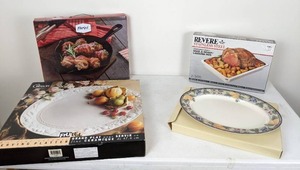 lot 154 image: Kitchen Items Ceramic Skillet, Stainless Steel Roast Pan, and Pair of Serving Platters