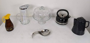 lot 156 image: Assorted Kitchen Items Teapots, Glass Cake Stand, Log Cabin Syrup Pitcher and More