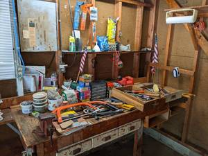 lot 171 image: Large Collection of Hand Tools, Hardware, Steel Wool, Bench Vise, Gas Can and Much More