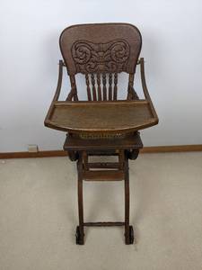 lot 48 image: Antique Wooden Cane-Bottomed High ChairStroller Combo