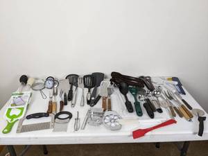 lot 133 image: Large Collection of Cooking Utensils (TurnersSpatulas, Baster, Crinkle Cutter, Serving Fork, Ice Cream Scoops, and more)