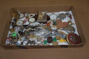 lot 220 image: Assorted Pocket Watches, Pendants, Rings, and Pins