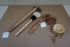 lot 234 image: Native American Drum, Rattle, and Decorative Hatchet