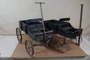 lot 247 image: Wood Carriage Planters - Metal Wheels