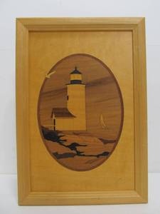 lot 38 image: Vintage Hudson River Inlay Lighthouse Artwork
