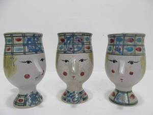 lot 19 image: 3 Vintage Mid Century Danish Modern Figural Cider Mugs by Bjorn Wiinblad