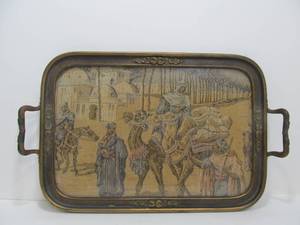 lot 25 image: Vintage Handled Serving Tray wAntique Textile