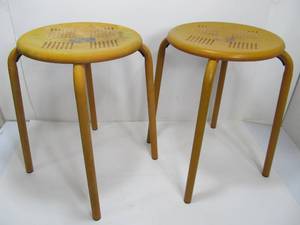 lot 56 image: Vintage Pair of Mid Century Orange Metal Stools or Plant Stands