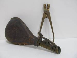 lot 176 image: Original Civil War era Leather & Brass Powder Flask