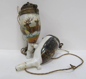 lot 181 image: 2 Antique Bavarian Porcelain Smoking Pipes wStagElk Decoration