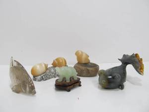 lot 199 image: Group of Assorted Vintage Hand Carved Stone Animals Fish etc