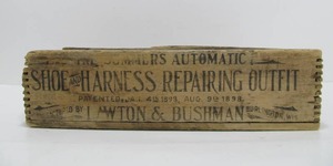 lot 246 image: Antique Shoe & Harness Repairing Kit Dovetailed Wood Box