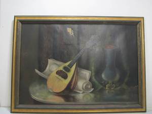 lot 257 image: Framed Antique Oil on Canvas Still Life Painting - Mandolin & Vase