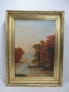 lot 258 image: Framed Antique 19th Century Oil on Canvas Painting - River Scene