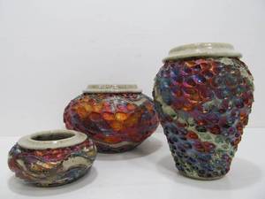 lot 308 image: 3 Signed Bruce Odell Raku Art Pottery Vases