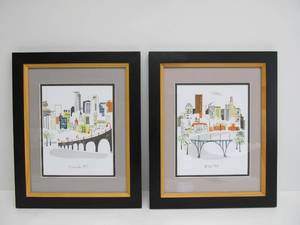lot 327 image: Pair of Framed Signed Prints - Minneapolis & Saint Paul - Albie Design