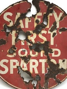 lot 341 image: Original Vintage 1920s Porcelain Road Sign Safety First Sound Sparton