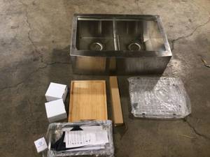 lot 36 image: Glacier Bay Zero Radius Farmhouse Apron-Front 18G Stainless Steel 33 in. 5050 Double Bowl Workstation Kitchen Sink with Accessories Customer Returns See Terms on Auction