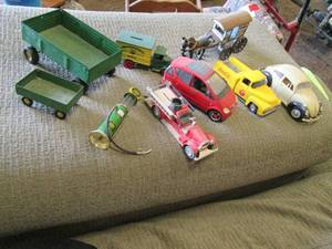 Vintage die cast vehicles and replica gas pump