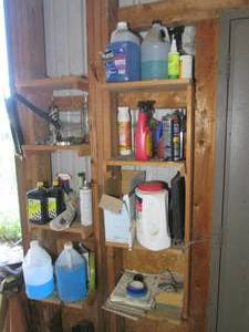 Garage shelf contents, mostly winds...