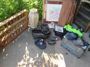 Misc lot with decor, hats, ski gogg...