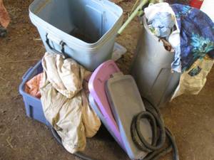 2 garbage cans, vacuum hose, tote a...