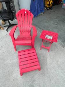 lot 72 image: Plastic Adirondack Chair, Footrest, and Side Table