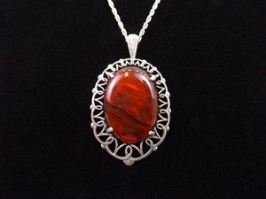 lot 19 image: .925 Sterling Silver Blood Red Swirled Glass Pendant Necklace